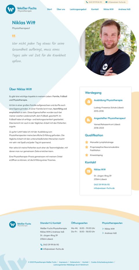 Screenshot der Personenseite auf der neuen Website der Phsysiotherapie Weisser Fuchs