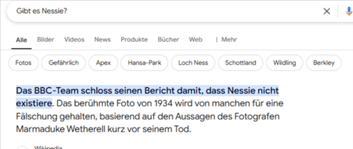 Boolean-Frage „Gibt es Nessie?“ bei Google inklusive Featured Snippet Antwort