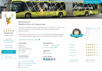 Profilseite der Netzhirsch GmbH auf ProvenExpert mit zahlreichen 5-Sterne-Bewertungen