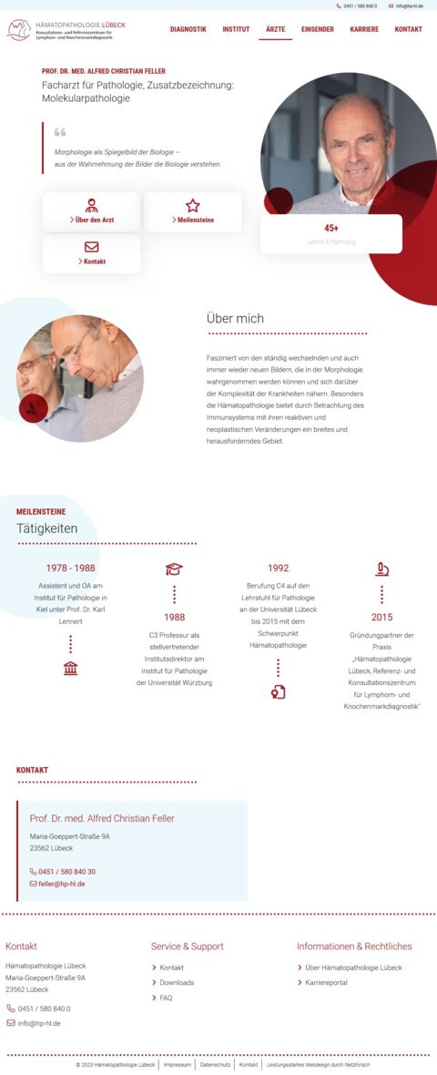 Screenshot der Arztseite auf der neuen Website der Hämatopathologie Lübeck