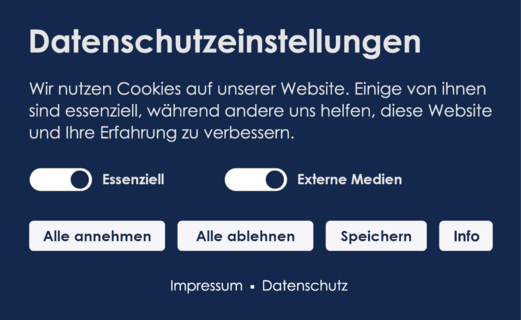 Screenshot des Cookie Opt In Bundles im Einsatz auf einer Webseite in Dunkelblau